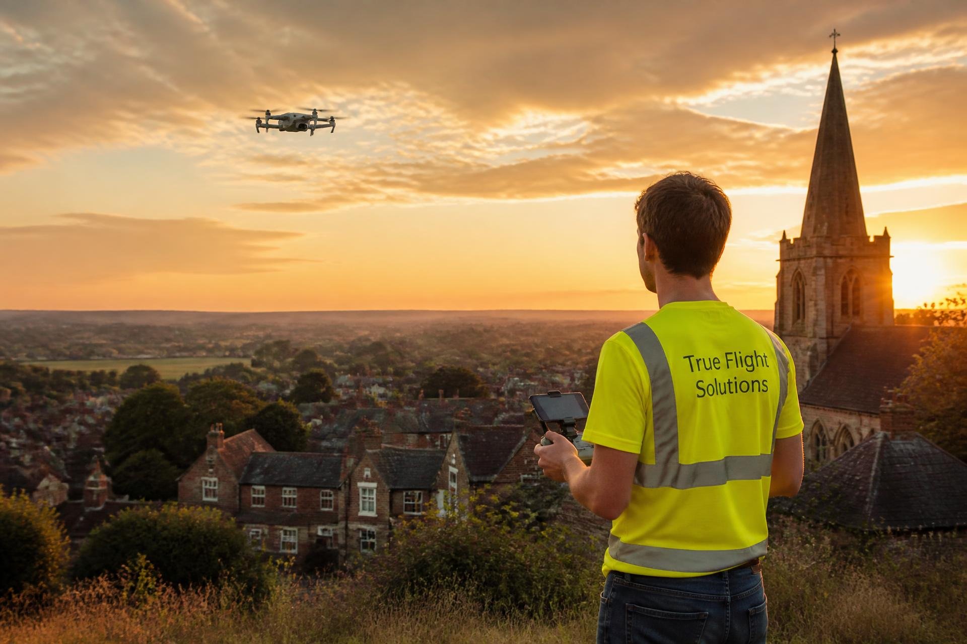 True Flight Solutions surveyor flying a drone over an English church at sunset